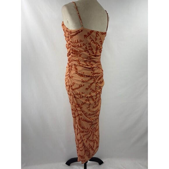 Nanushka Alexa Maxi Dress Orange Peach Logo Print Large Cinched Ruched Bodycon - Picture 16 of 16
